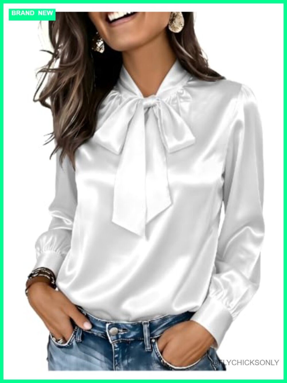 Satin Long Sleeve Blouse Bow Tie Neck Work Shirt
